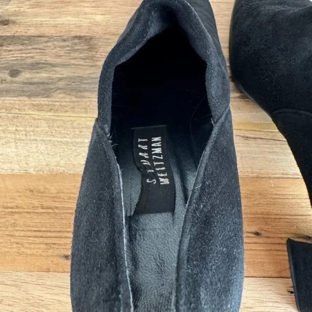 Stuart Weitzman Black Stretch Suede Square Long Toe Box Block Heel Shoe Bootie